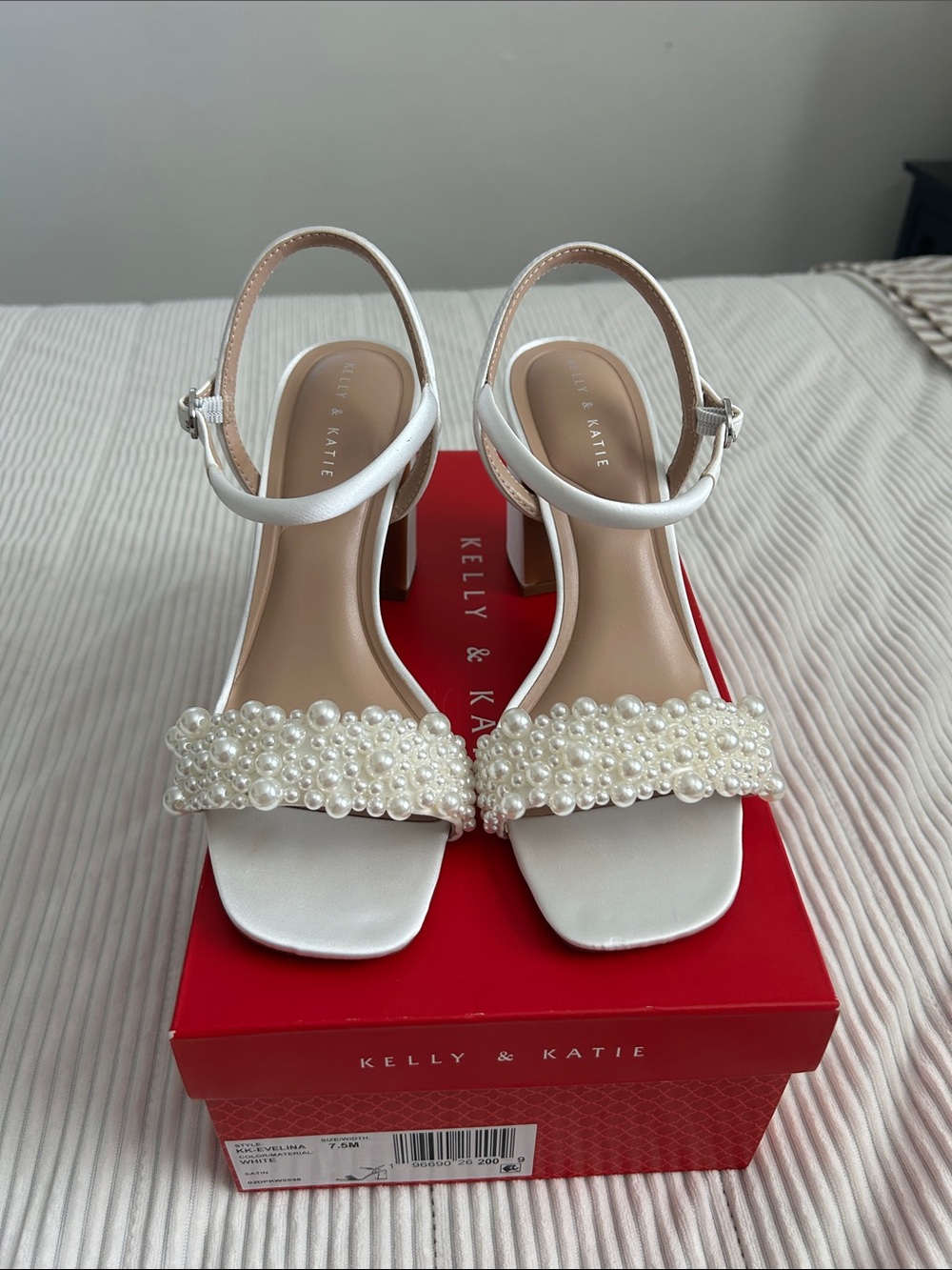 Pearl-Embellished White Block Heel Sandals